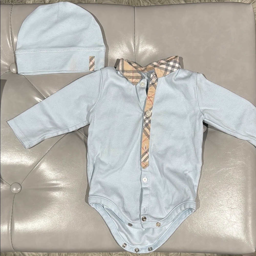 Burberry Baby Blue Bodysuit and Hat